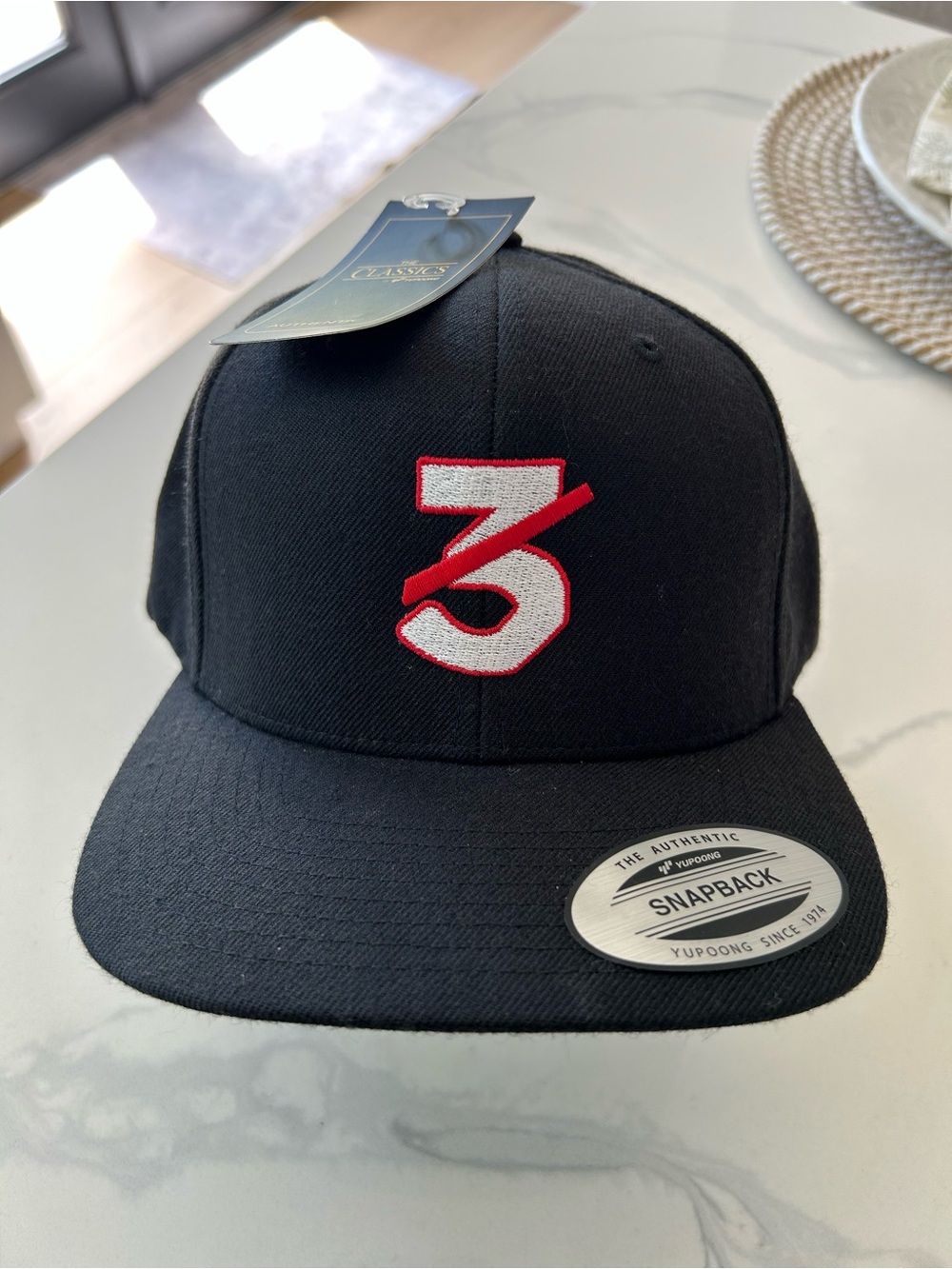 Classic Snapback Hat with Red & White '3' Logo - Black